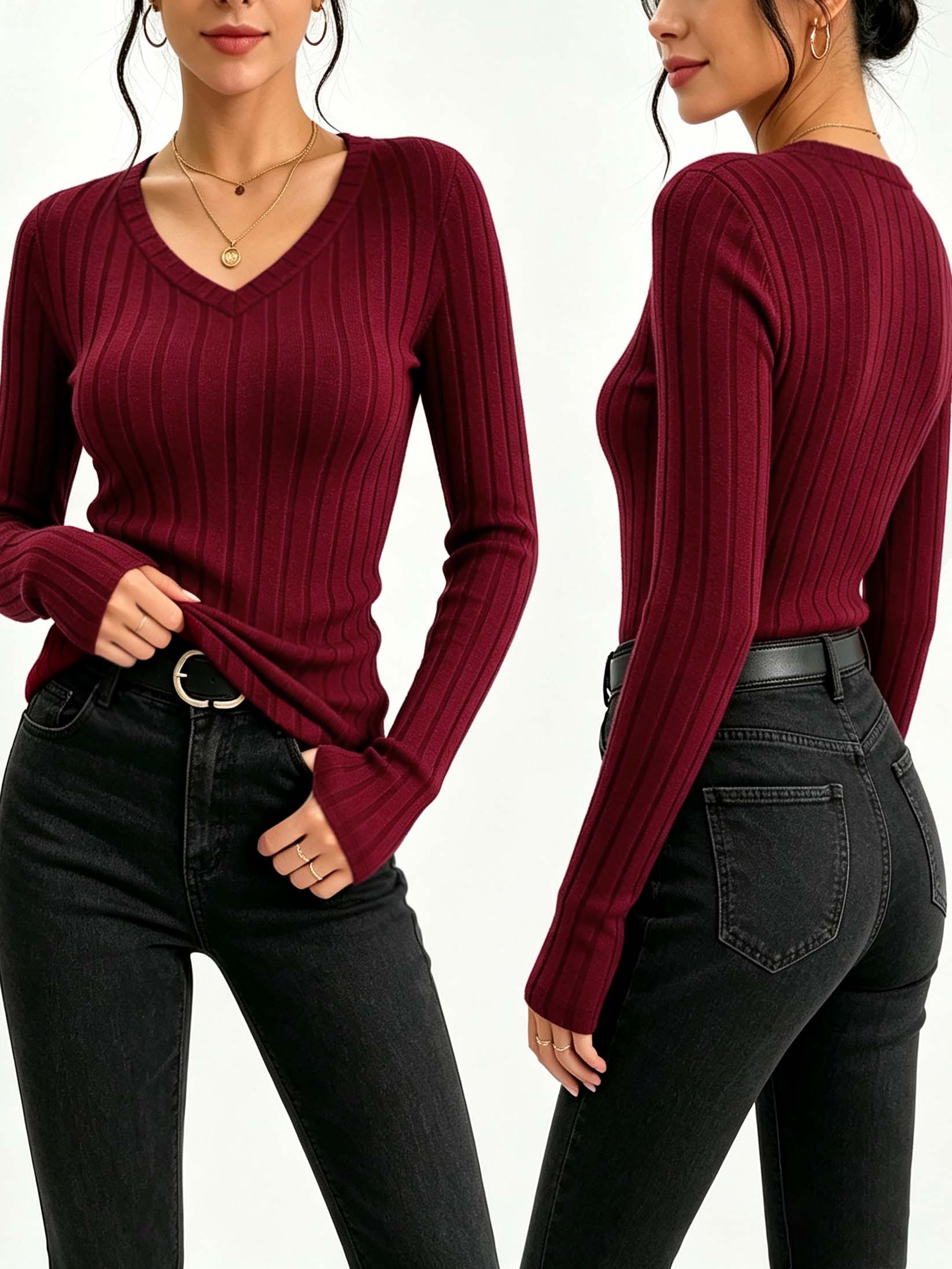 Women Solid V‑Neck Ribbed Knit - Winter Clothing For Women review and price