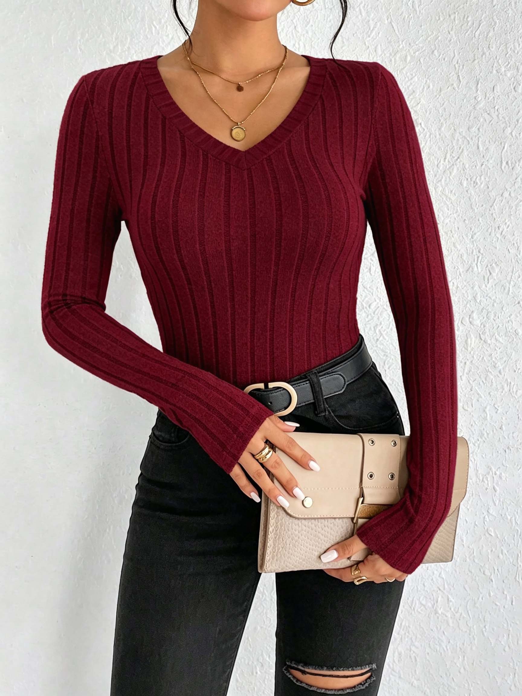 Women Solid V‑Neck Ribbed Knit - Winter Clothing For Women review and price